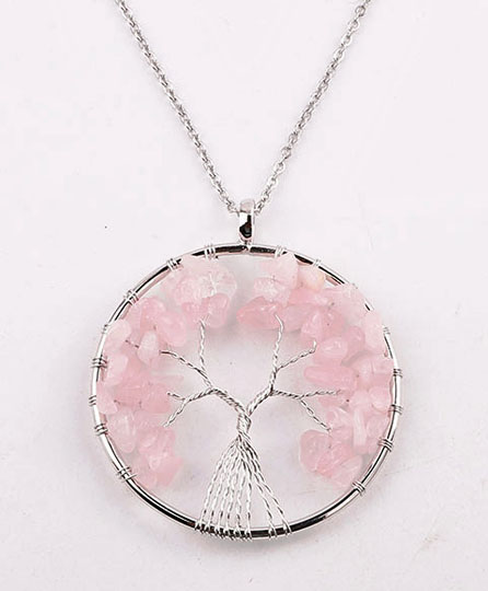 Round Rose Quartz Tree Of Life Necklace