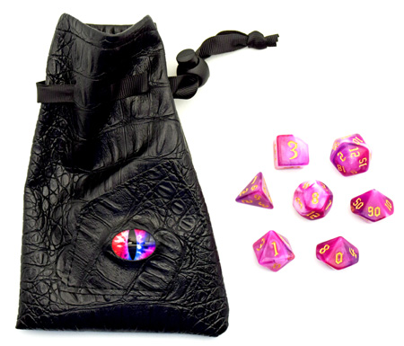 D & D Dice Set With Pink Dragon Eye Bag