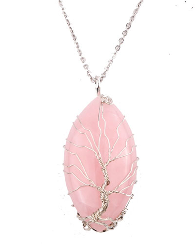 Oval Rose Quartz Tree Of Life Necklace